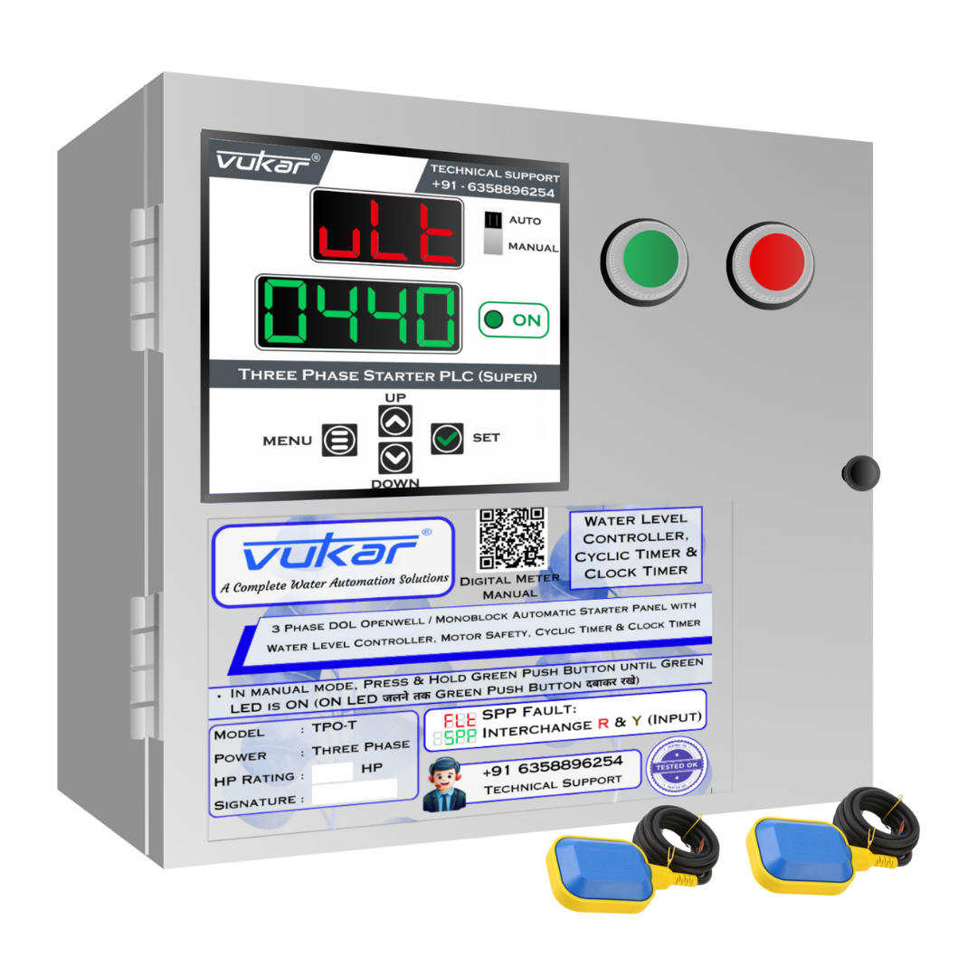 3 Phase DOL Openwell / Monoblock Automatic Starter Panel with Water Level Controller, Motor Safety, Cyclic Timer & Clock Timer (TPO-T)
