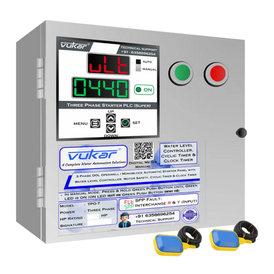 3 Phase DOL Openwell / Monoblock Automatic Starter Panel with Water Level Controller,  Motor Safety, Cyclic Timer & Clock Timer (TPO-T) VUKAR