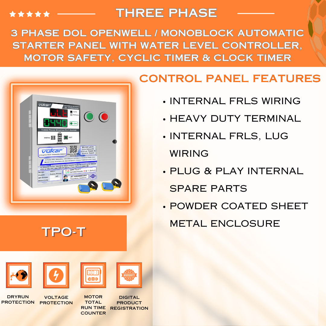 3 Phase DOL Openwell / Monoblock Automatic Starter Panel with Water Level Controller, Motor Safety, Cyclic Timer & Clock Timer (TPO-T)