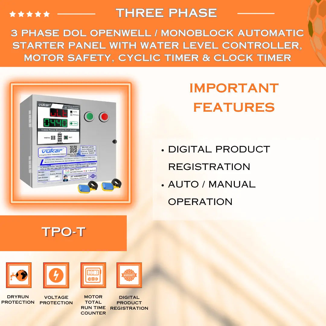 3 Phase DOL Openwell / Monoblock Automatic Starter Panel with Water Level Controller,  Motor Safety, Cyclic Timer & Clock Timer (TPO-T) VUKAR