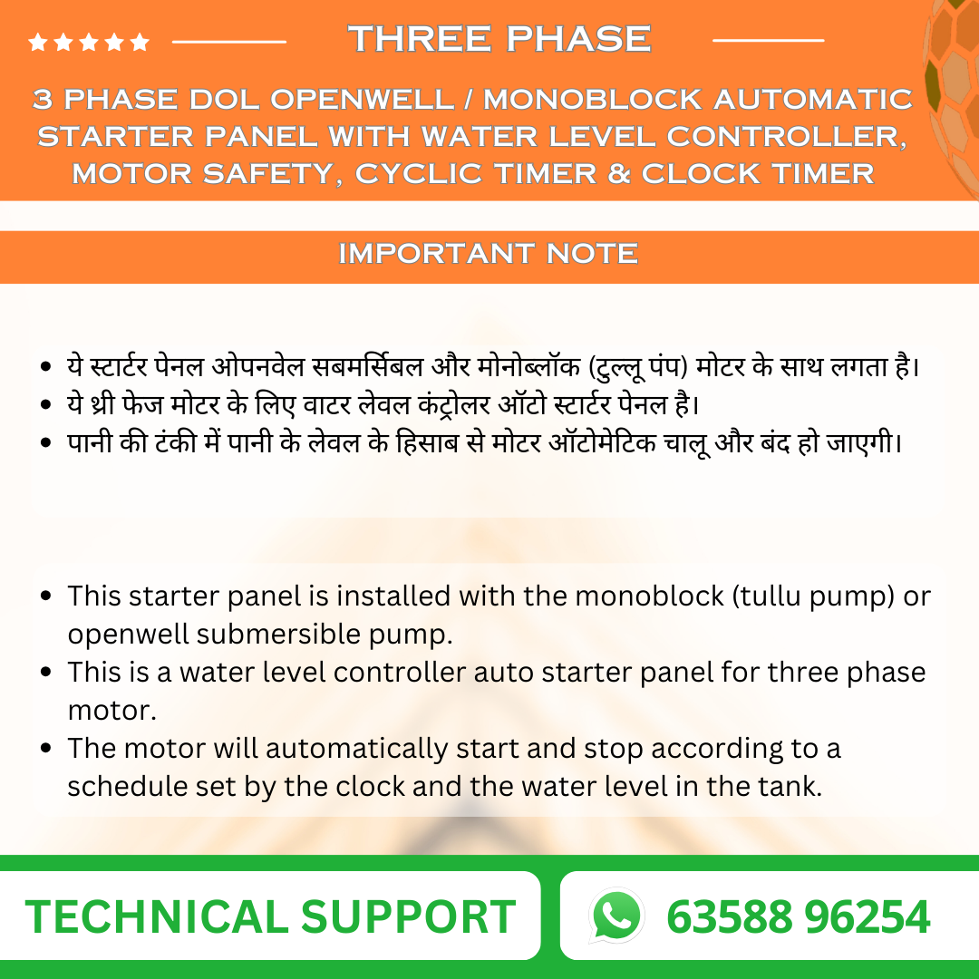3 Phase DOL Openwell / Monoblock Automatic Starter Panel with Water Level Controller, Motor Safety, Cyclic Timer & Clock Timer (TPO-T)