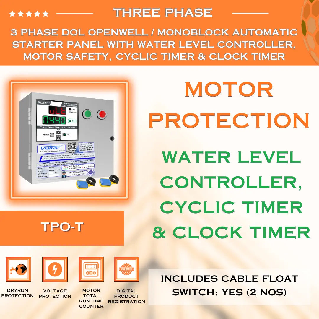 3 Phase DOL Openwell / Monoblock Automatic Starter Panel with Water Level Controller,  Motor Safety, Cyclic Timer & Clock Timer (TPO-T) VUKAR
