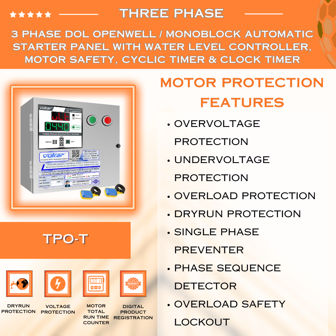 3 Phase DOL Openwell / Monoblock Automatic Starter Panel with Water Level Controller, Motor Safety, Cyclic Timer & Clock Timer (TPO-T)