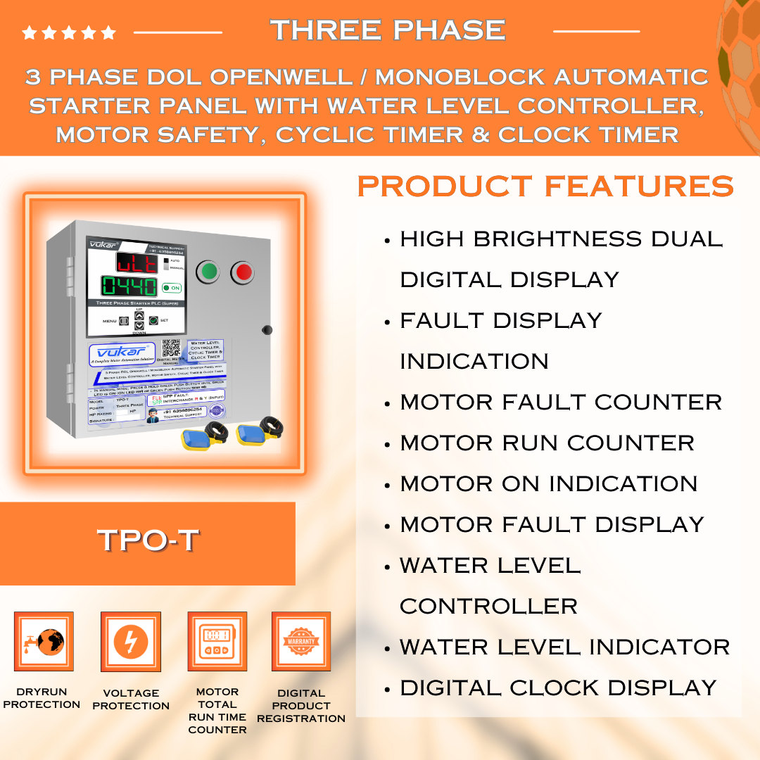 3 Phase DOL Openwell / Monoblock Automatic Starter Panel with Water Level Controller, Motor Safety, Cyclic Timer & Clock Timer (TPO-T)