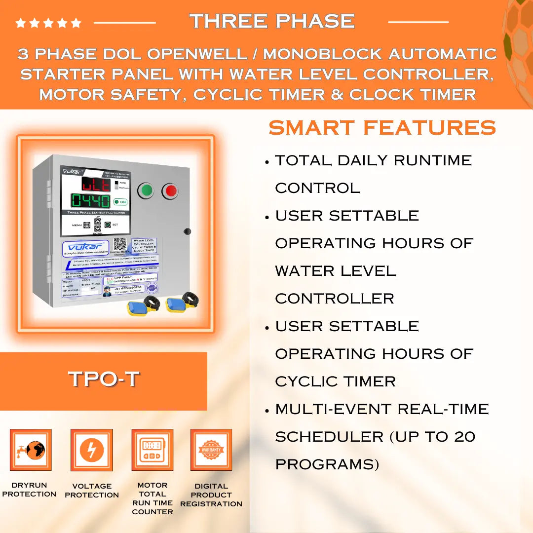 3 Phase DOL Openwell / Monoblock Automatic Starter Panel with Water Level Controller,  Motor Safety, Cyclic Timer & Clock Timer (TPO-T) VUKAR