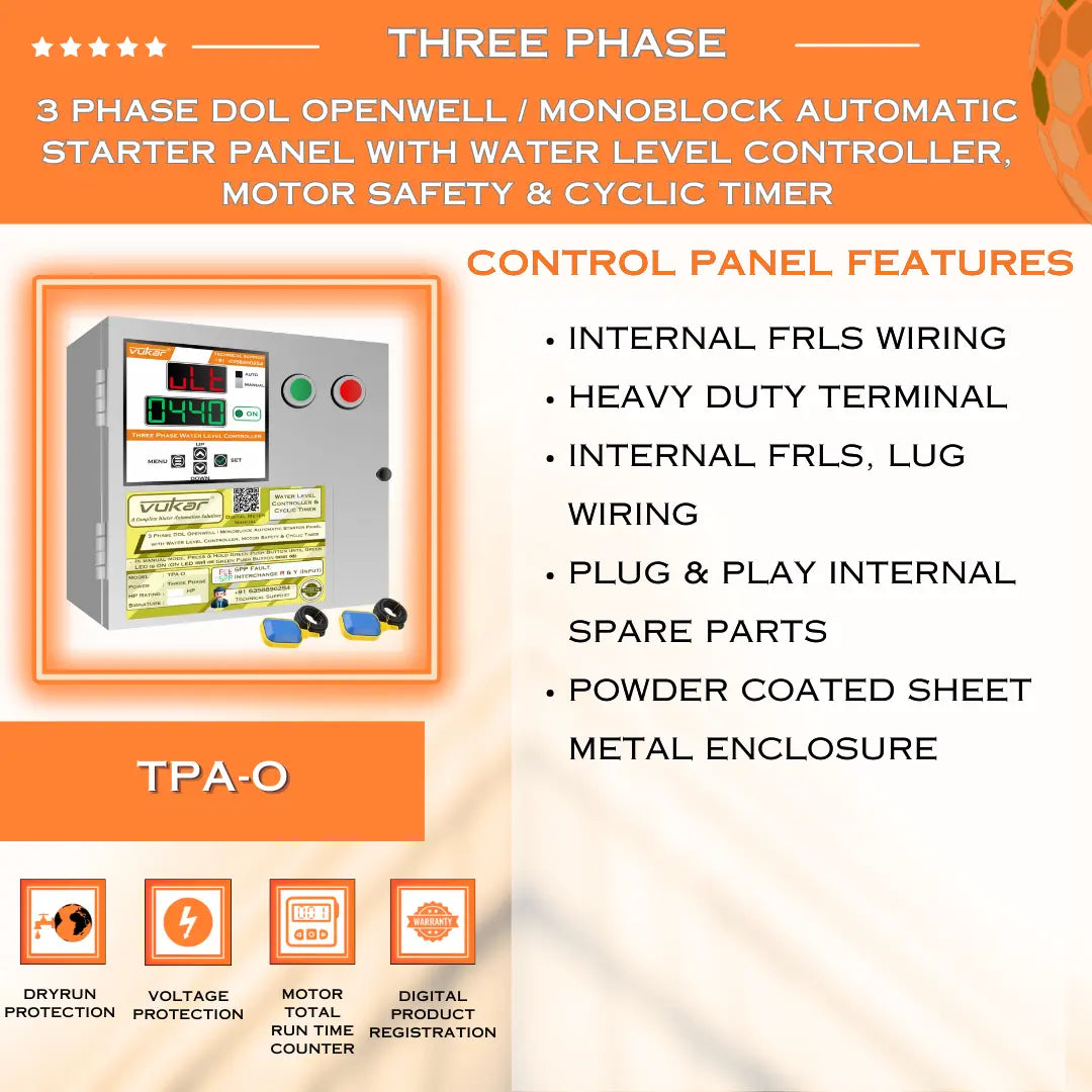 3 Phase DOL Openwell / Monoblock Automatic Starter Panel with Water Level Controller,  Motor Safety & Cyclic Timer (TPA-O) VUKAR