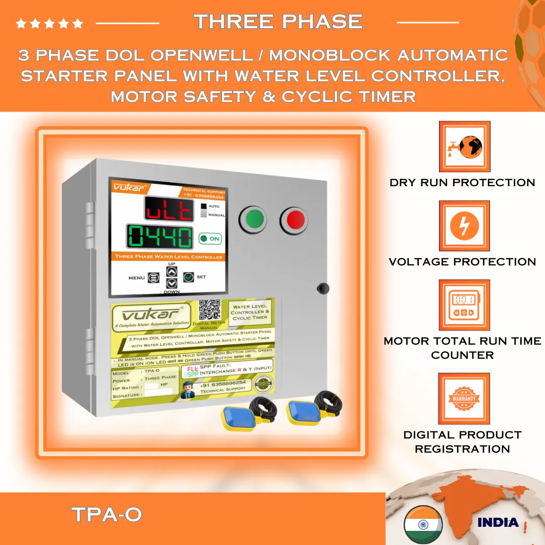 3 Phase DOL Openwell / Monoblock Automatic Starter Panel with Water Level Controller,  Motor Safety & Cyclic Timer (TPA-O) VUKAR