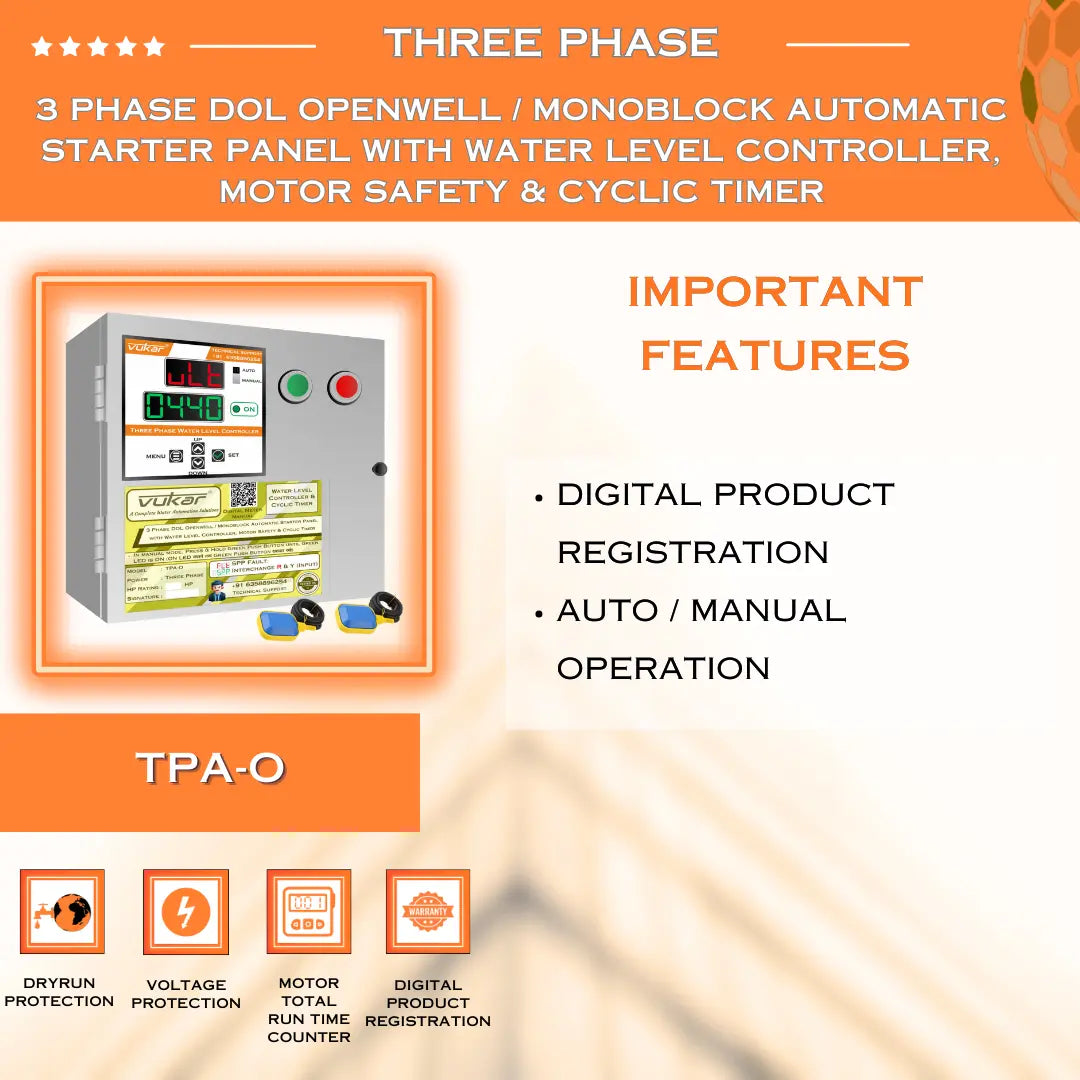 3 Phase DOL Openwell / Monoblock Automatic Starter Panel with Water Level Controller,  Motor Safety & Cyclic Timer (TPA-O) VUKAR