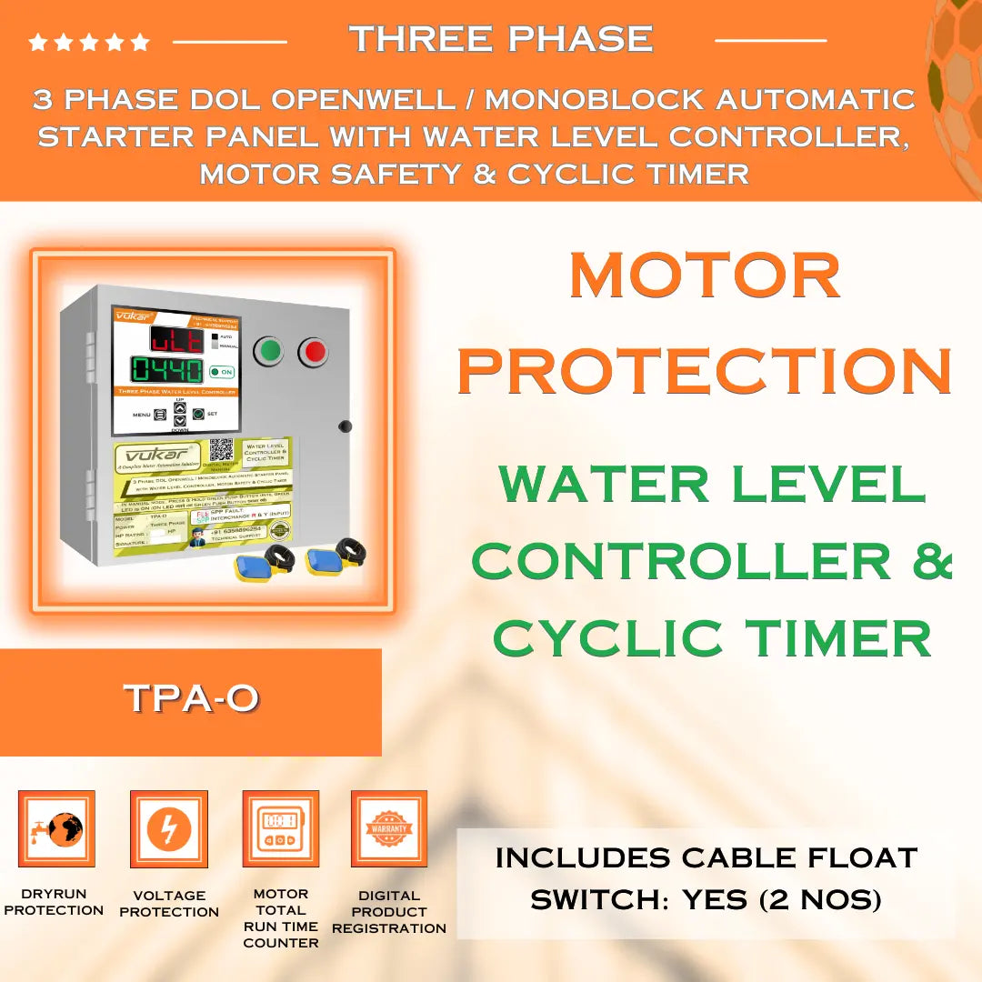 3 Phase DOL Openwell / Monoblock Automatic Starter Panel with Water Level Controller,  Motor Safety & Cyclic Timer (TPA-O) VUKAR
