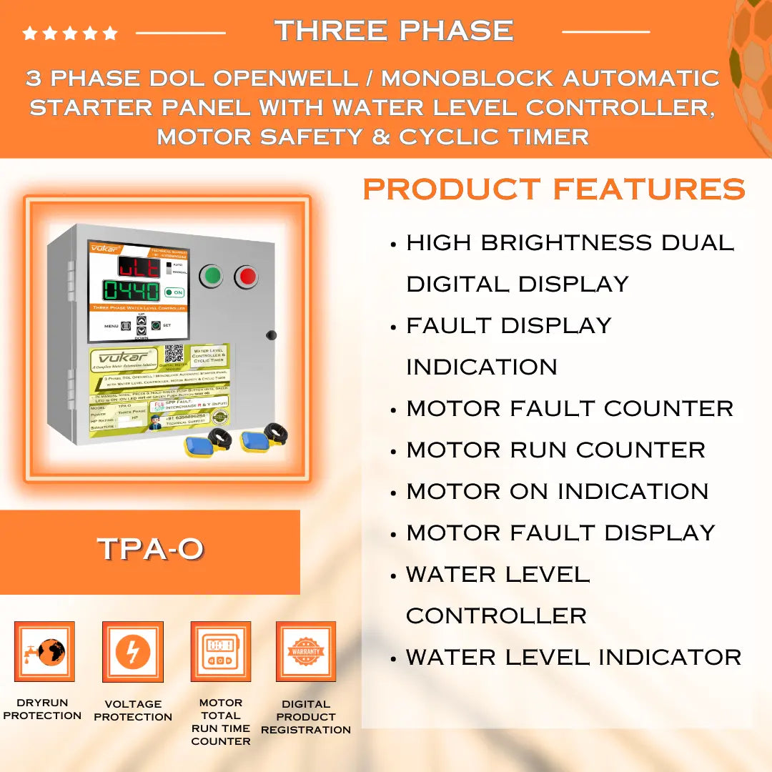 3 Phase DOL Openwell / Monoblock Automatic Starter Panel with Water Level Controller,  Motor Safety & Cyclic Timer (TPA-O) VUKAR