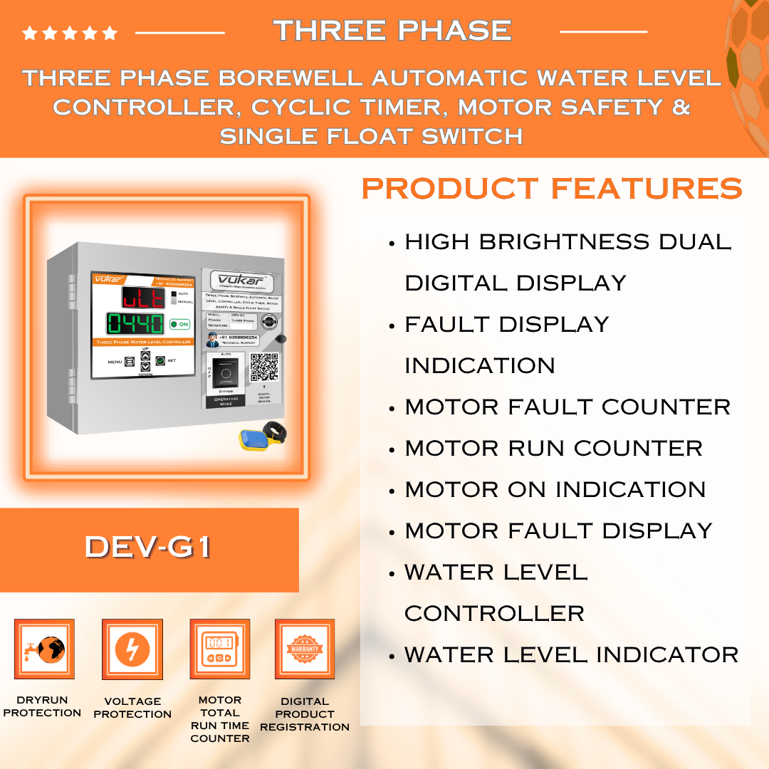 Three Phase Borewell Automatic Water Level Controller, Cyclic Timer, Motor Safety & Single Float Switch (DEV-G1)