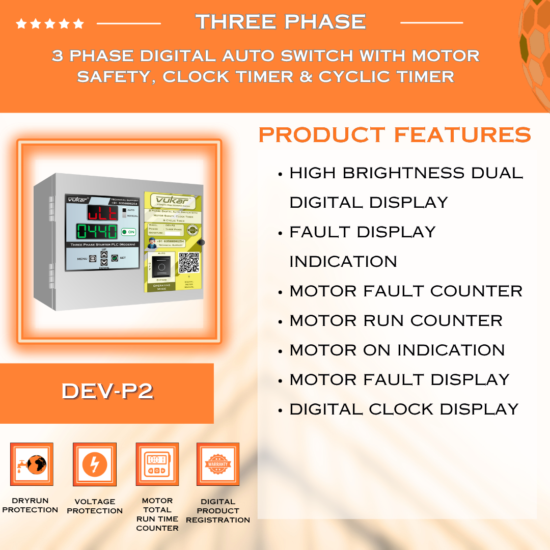 3 Phase Digital Auto Switch with Motor Safety, Clock Timer & Cyclic Timer (DEV-P2)