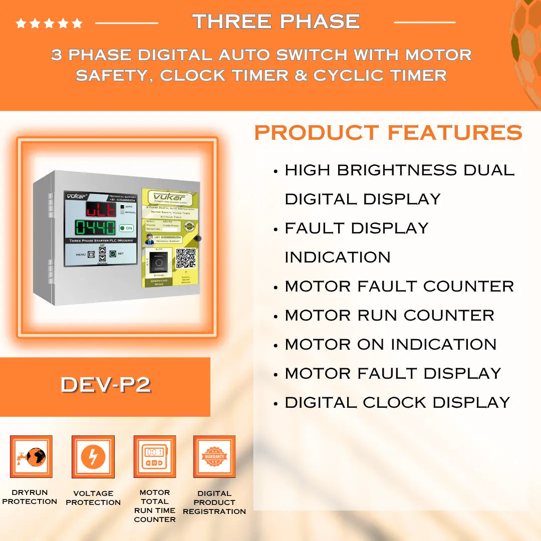 3 Phase Digital Auto Switch with Motor Safety, Clock Timer & Cyclic Timer (DEV-P2) VUKAR