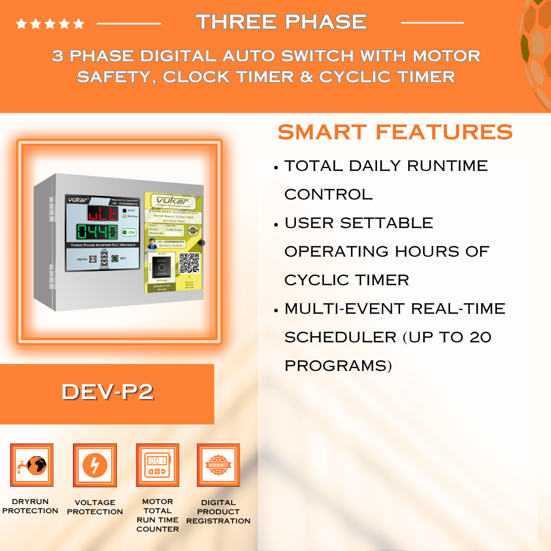 3 Phase Digital Auto Switch with Motor Safety, Clock Timer & Cyclic Timer (DEV-P2)