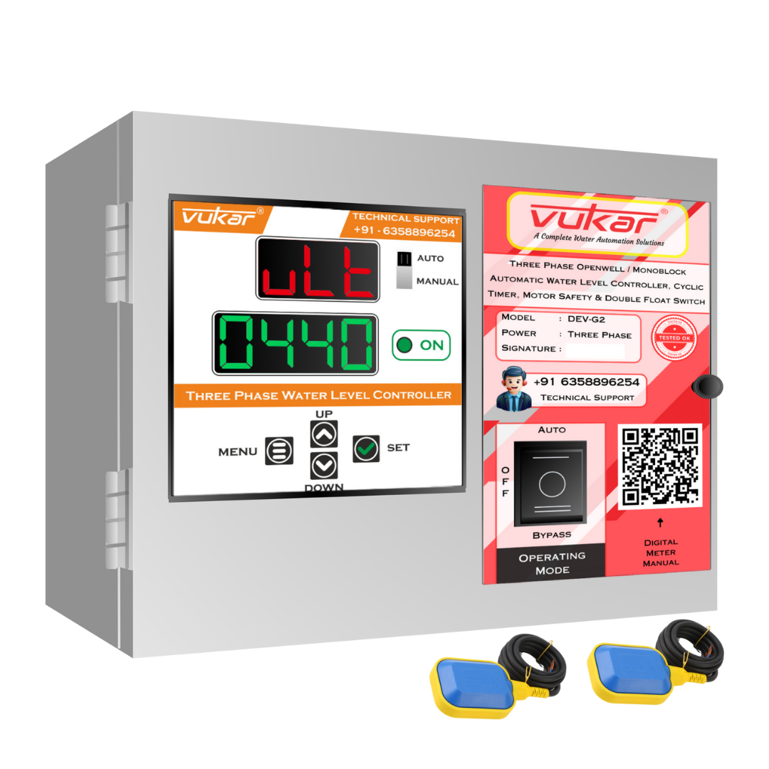 Three Phase Openwell / Monoblock Automatic Water Level Controller, Cyclic Timer, Motor Safety & Double Float Switch (DEV-G2)
