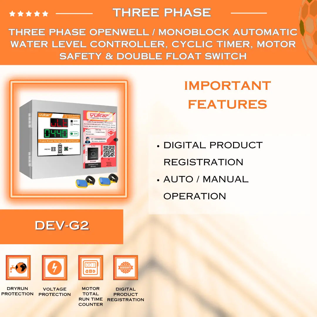 Three Phase Openwell / Monoblock Automatic Water Level Controller, Cyclic Timer, Motor Safety & Double Float Switch (DEV-G2) VUKAR