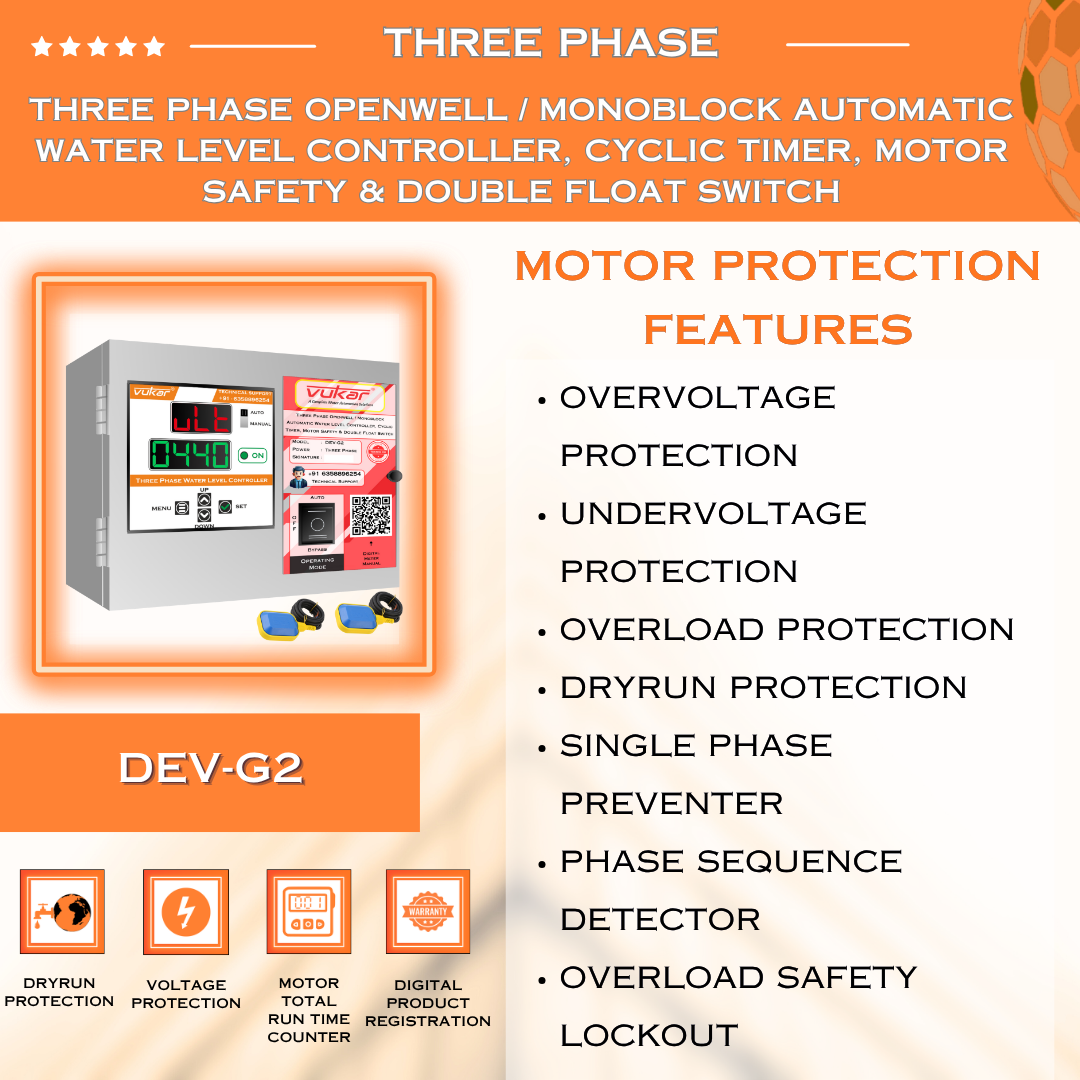 Three Phase Openwell / Monoblock Automatic Water Level Controller, Cyclic Timer, Motor Safety & Double Float Switch (DEV-G2)