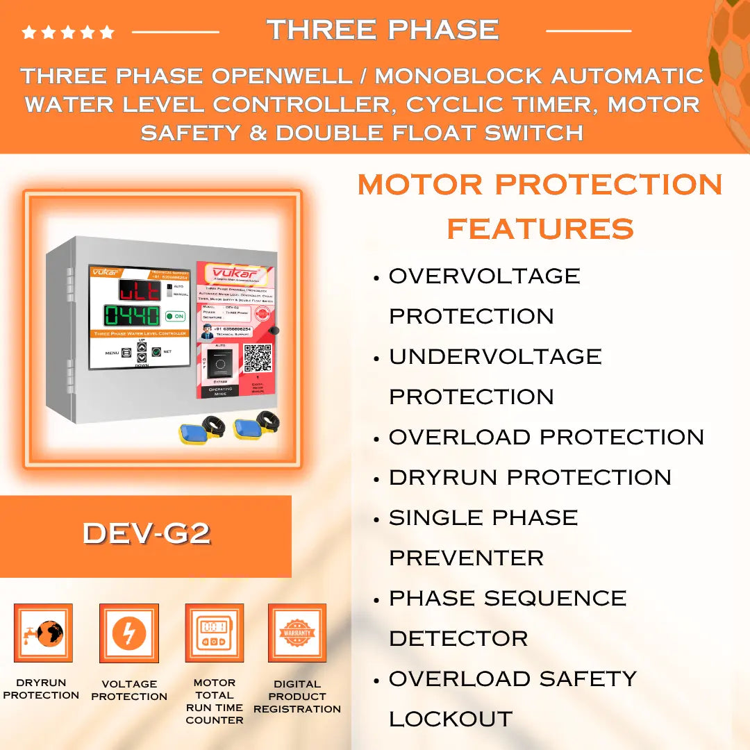 Three Phase Openwell / Monoblock Automatic Water Level Controller, Cyclic Timer, Motor Safety & Double Float Switch (DEV-G2) VUKAR