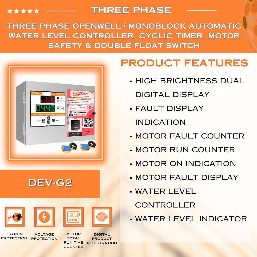 Three Phase Openwell / Monoblock Automatic Water Level Controller, Cyclic Timer, Motor Safety & Double Float Switch (DEV-G2) VUKAR