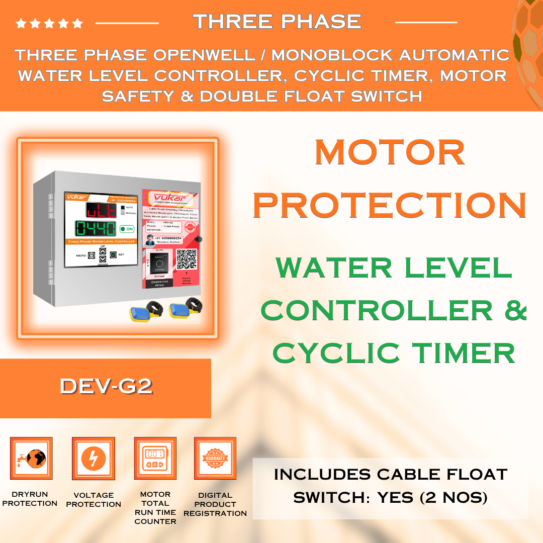 Three Phase Openwell / Monoblock Automatic Water Level Controller, Cyclic Timer, Motor Safety & Double Float Switch (DEV-G2)