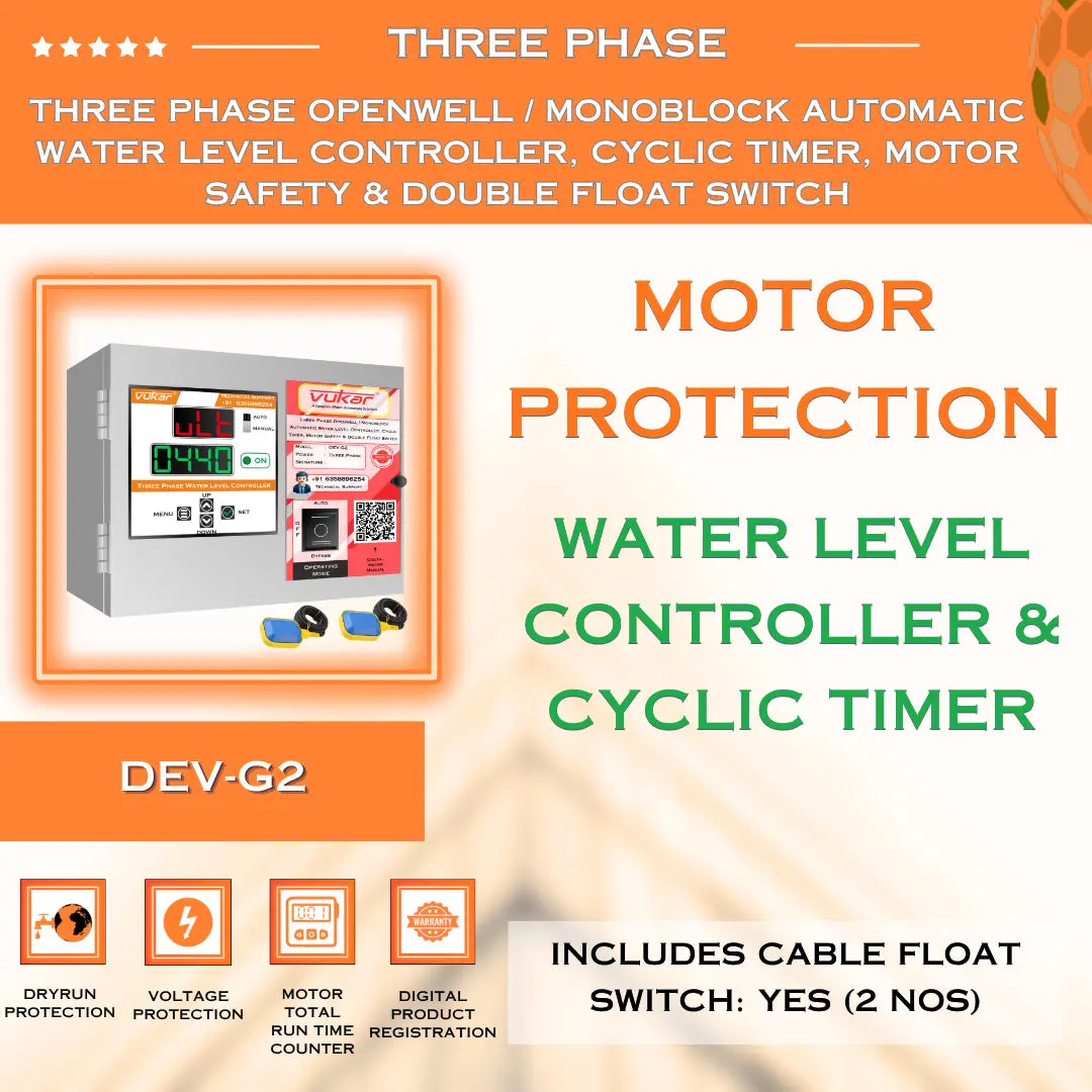 Three Phase Openwell / Monoblock Automatic Water Level Controller, Cyclic Timer, Motor Safety & Double Float Switch (DEV-G2) VUKAR