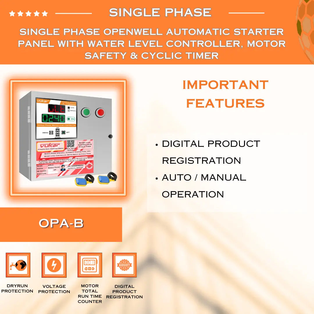 Single Phase Openwell Automatic Starter Panel with Water Level Controller, Motor Safety & Cyclic Timer (OPA-B) VUKAR