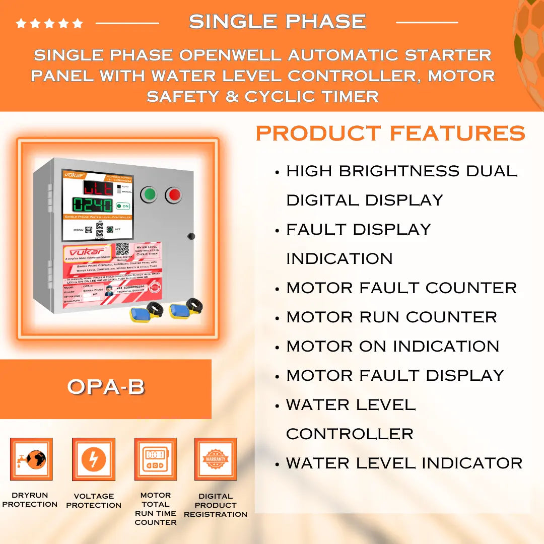 Single Phase Openwell Automatic Starter Panel with Water Level Controller, Motor Safety & Cyclic Timer (OPA-B) VUKAR