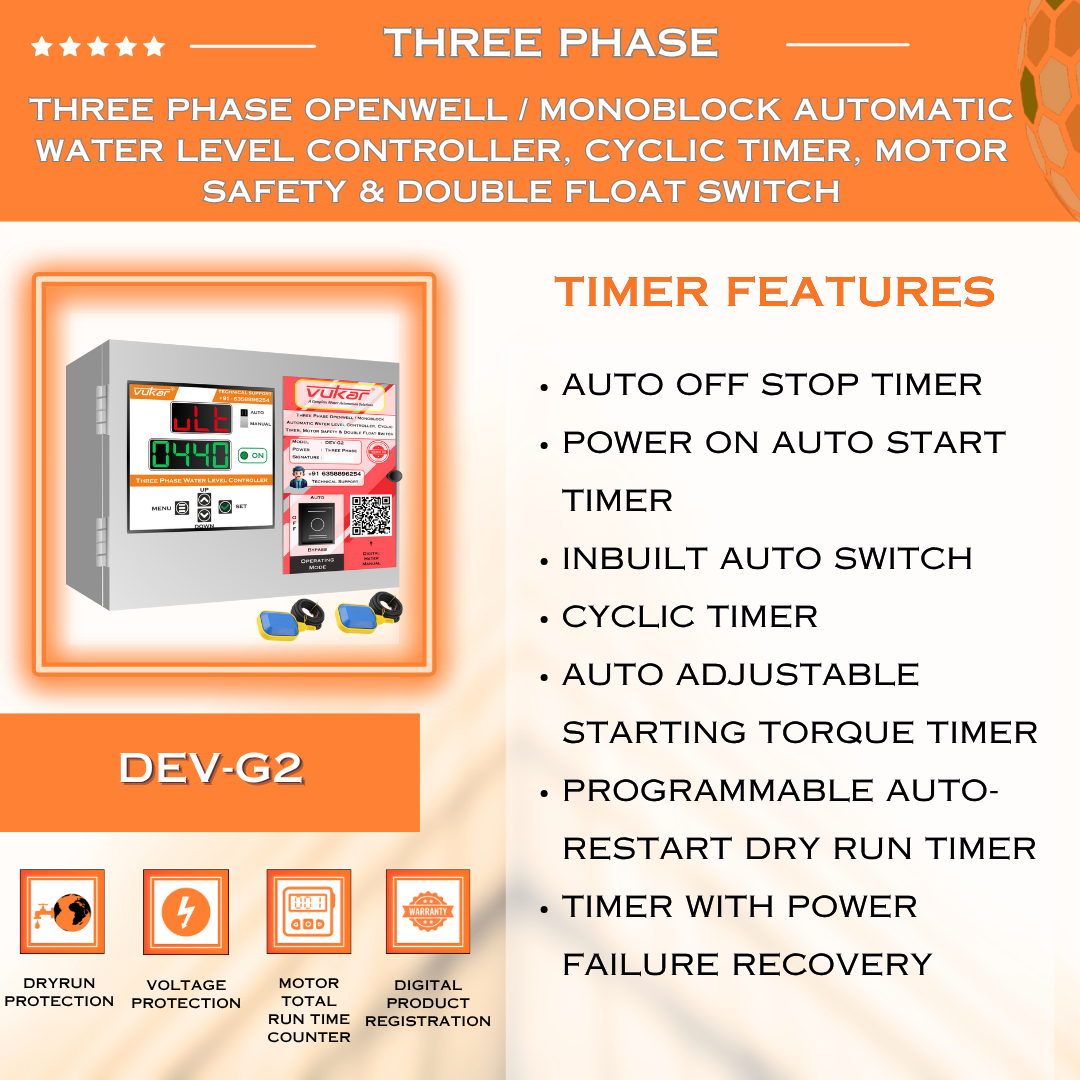 Three Phase Openwell / Monoblock Automatic Water Level Controller, Cyclic Timer, Motor Safety & Double Float Switch (DEV-G2)