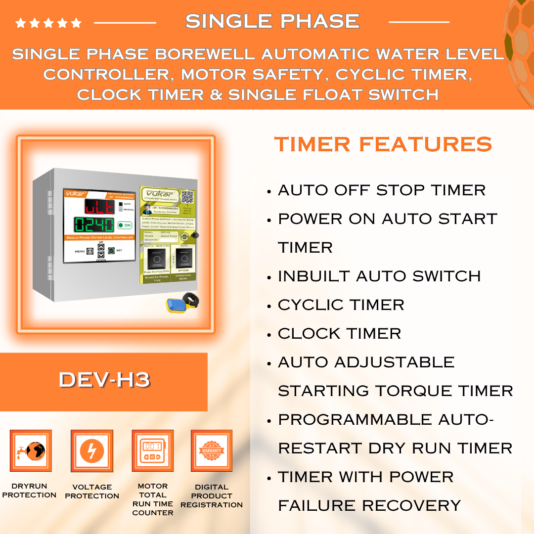 Single Phase Borewell Automatic Water Level Controller, Motor Safety, Cyclic Timer, Clock Timer & Single Float Switch (DEV-H3)