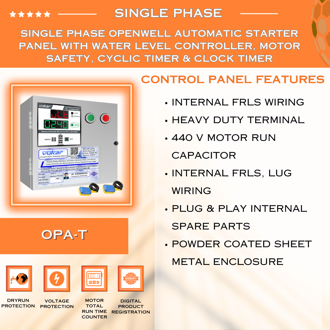 Single Phase Openwell Automatic Starter Panel with Water Level Controller, Motor Safety, Cyclic Timer & Clock Timer (OPA-T)
