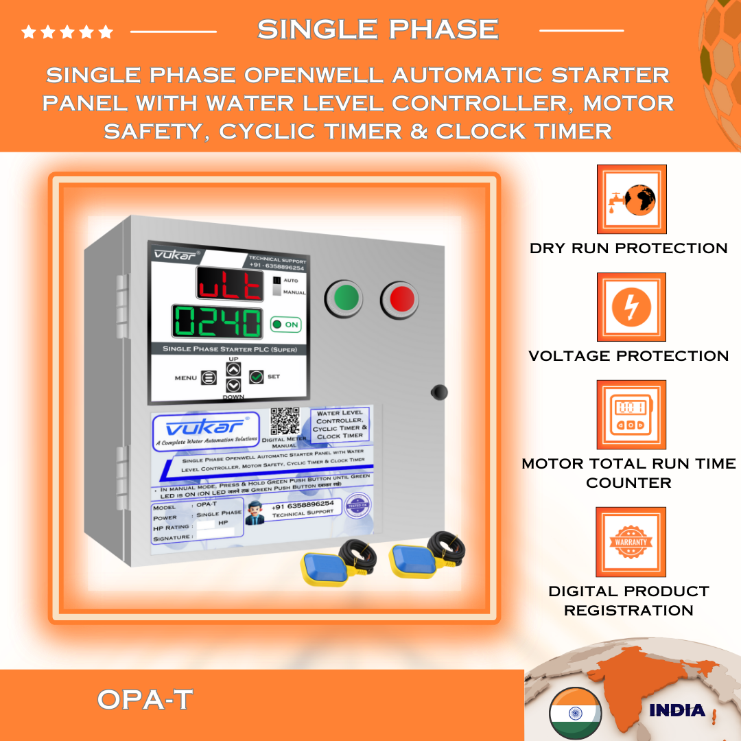 Single Phase Openwell Automatic Starter Panel with Water Level Controller, Motor Safety, Cyclic Timer & Clock Timer (OPA-T)