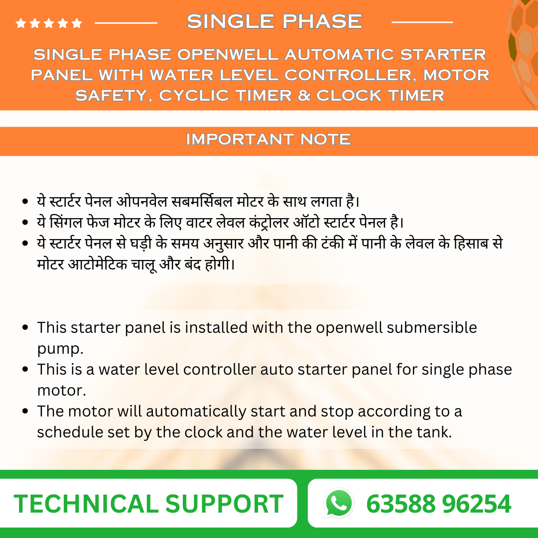 Single Phase Openwell Automatic Starter Panel with Water Level Controller, Motor Safety, Cyclic Timer & Clock Timer (OPA-T)