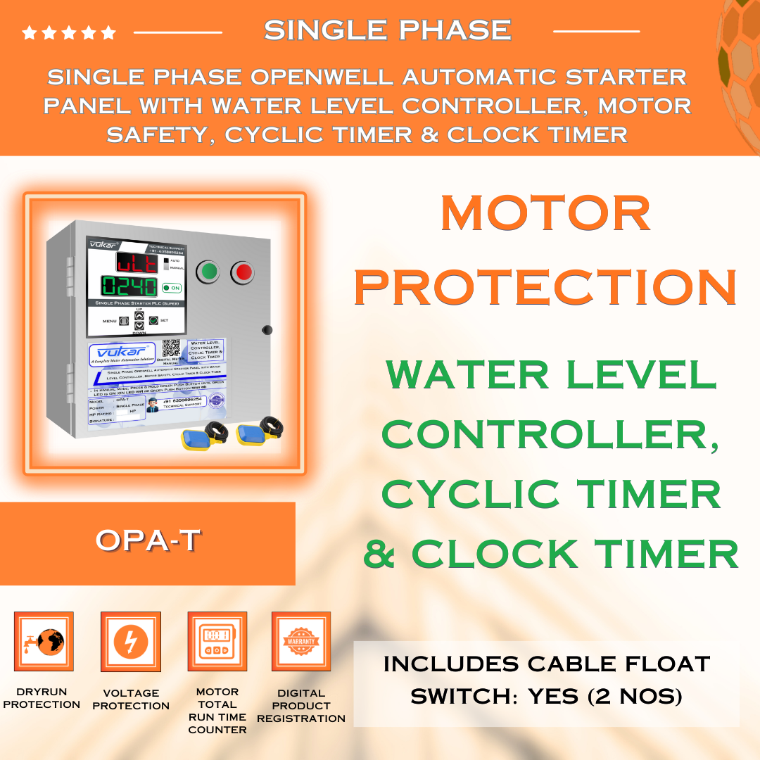 Single Phase Openwell Automatic Starter Panel with Water Level Controller, Motor Safety, Cyclic Timer & Clock Timer (OPA-T)