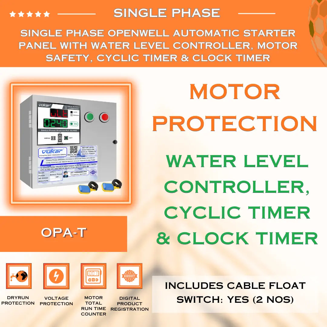 Single Phase Openwell Automatic Starter Panel with Water Level Controller, Motor Safety, Cyclic Timer & Clock Timer (OPA-T) VUKAR