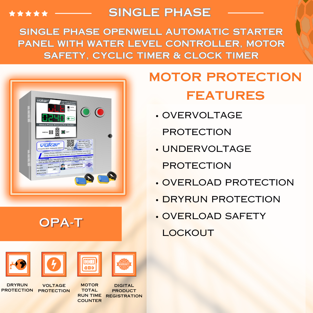 Single Phase Openwell Automatic Starter Panel with Water Level Controller, Motor Safety, Cyclic Timer & Clock Timer (OPA-T)