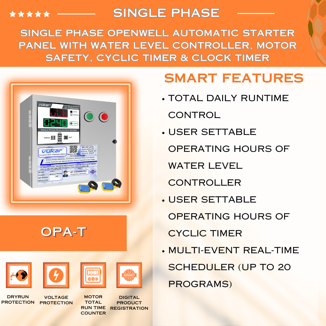 Single Phase Openwell Automatic Starter Panel with Water Level Controller, Motor Safety, Cyclic Timer & Clock Timer (OPA-T)