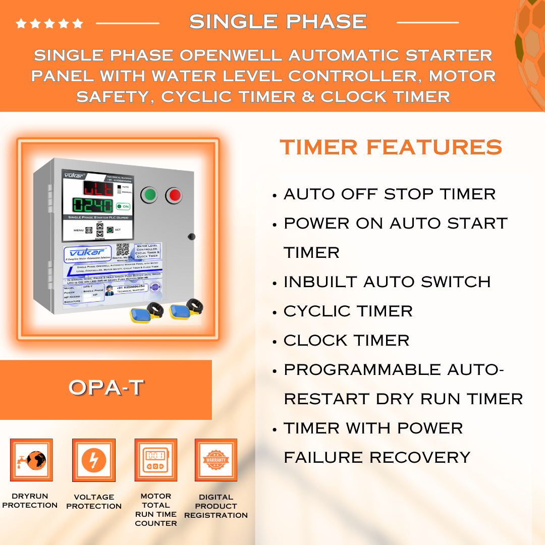 Single Phase Openwell Automatic Starter Panel with Water Level Controller, Motor Safety, Cyclic Timer & Clock Timer (OPA-T)