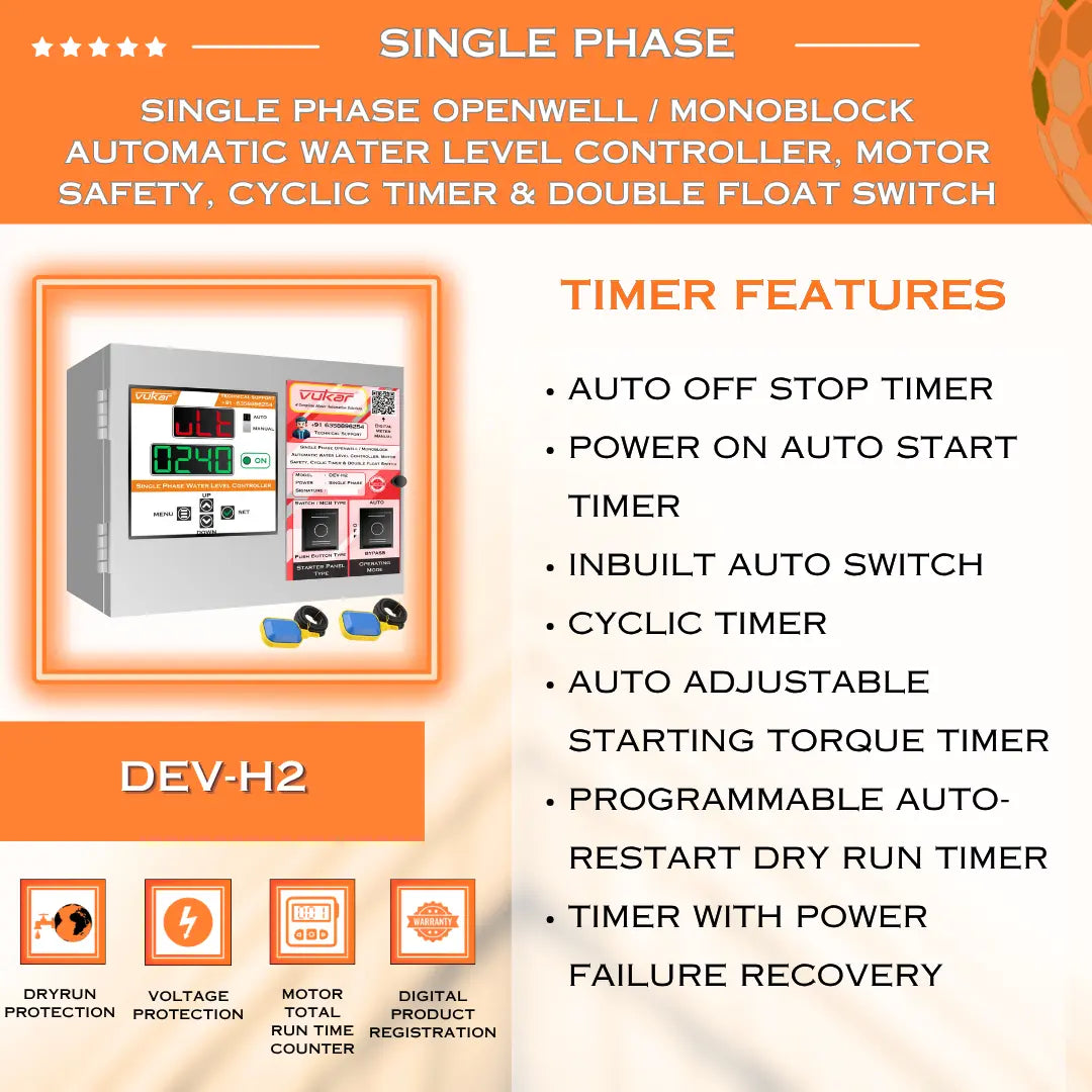 Single Phase Openwell / Monoblock Automatic Water Level Controller, Motor Safety, Cyclic Timer & Double Float Switch (DEV-H2) VUKAR