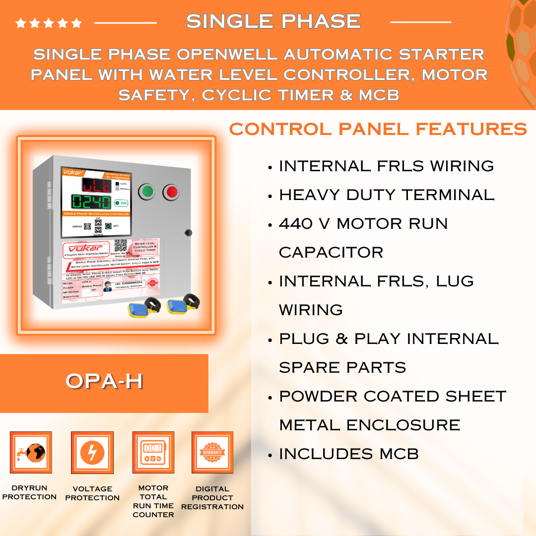 Single Phase Openwell Automatic Starter Panel with Water Level Controller, Motor Safety, Cyclic Timer & MCB (OPA-H)