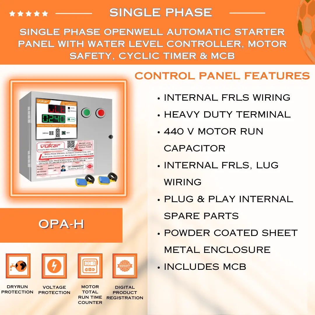 Single Phase Openwell Automatic Starter Panel with Water Level Controller, Motor Safety, Cyclic Timer & MCB (OPA-H) VUKAR