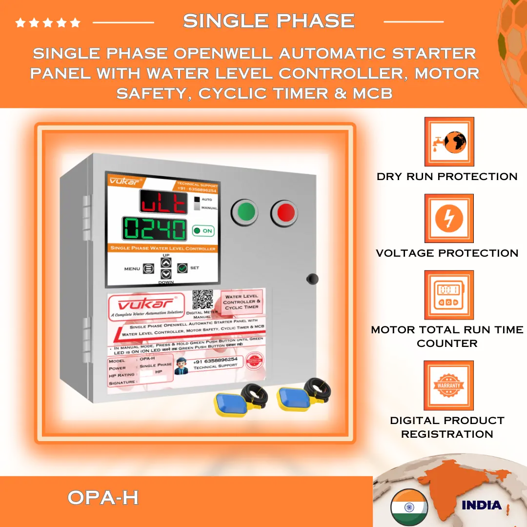Single Phase Openwell Automatic Starter Panel with Water Level Controller, Motor Safety, Cyclic Timer & MCB (OPA-H) VUKAR