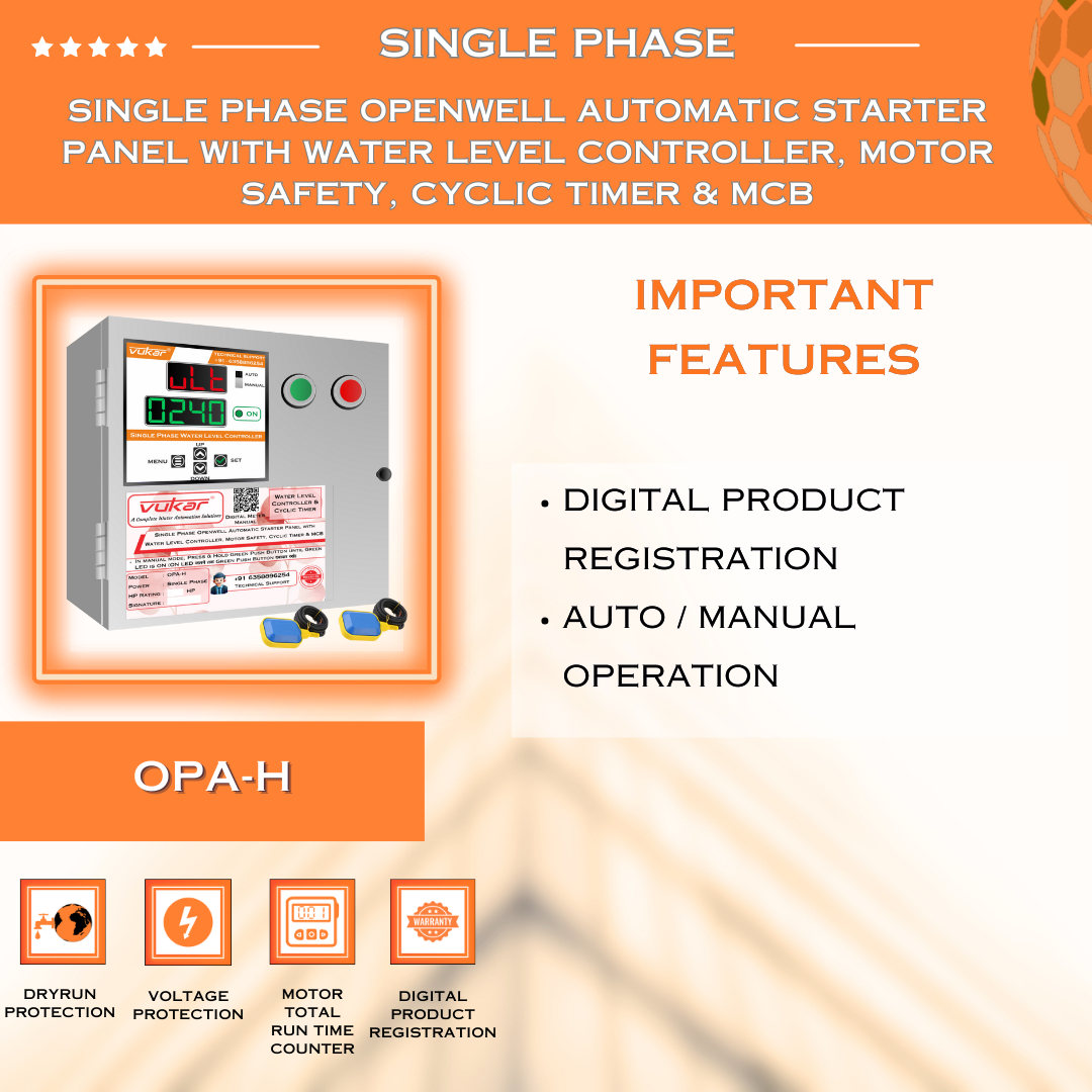 Single Phase Openwell Automatic Starter Panel with Water Level Controller, Motor Safety, Cyclic Timer & MCB (OPA-H)