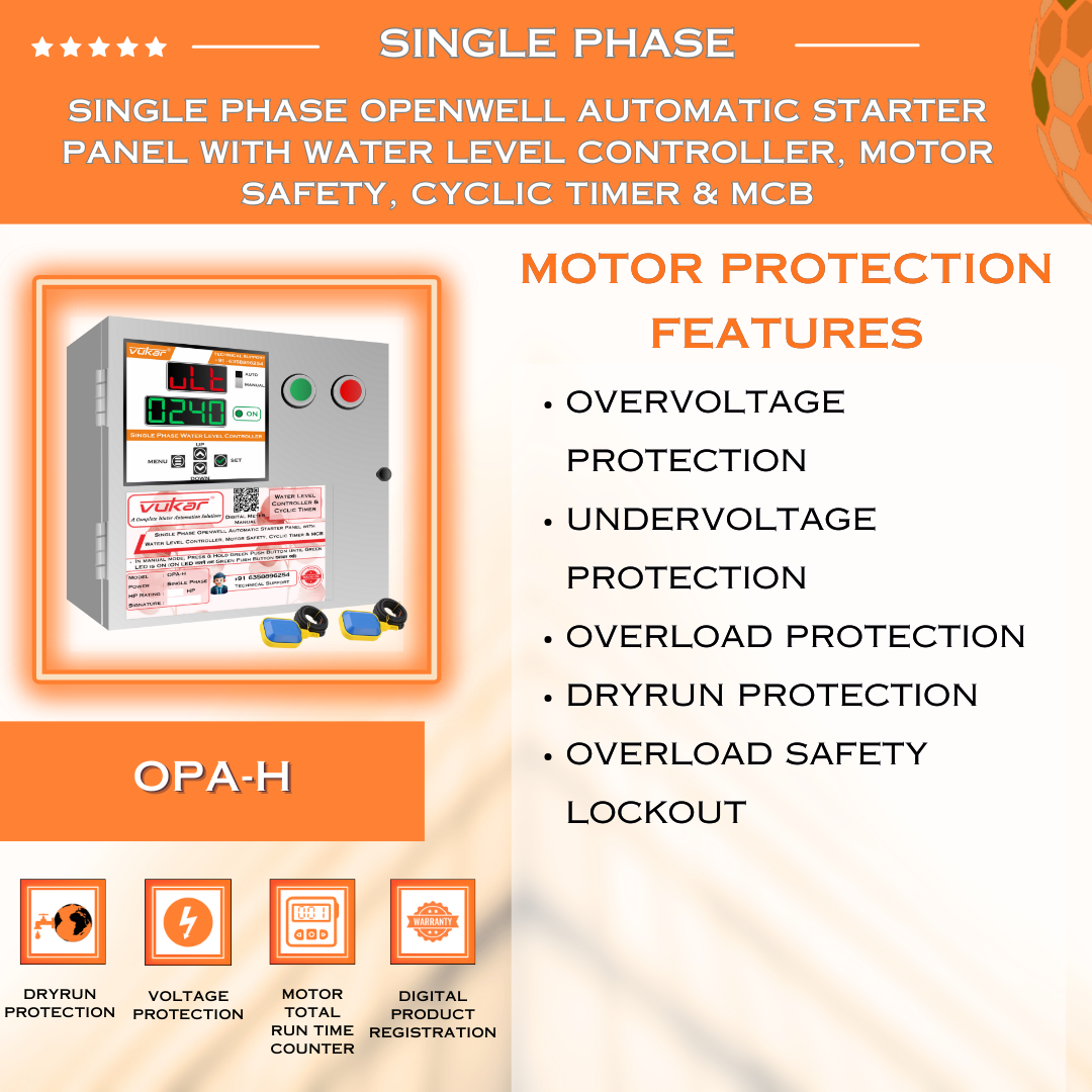 Single Phase Openwell Automatic Starter Panel with Water Level Controller, Motor Safety, Cyclic Timer & MCB (OPA-H)
