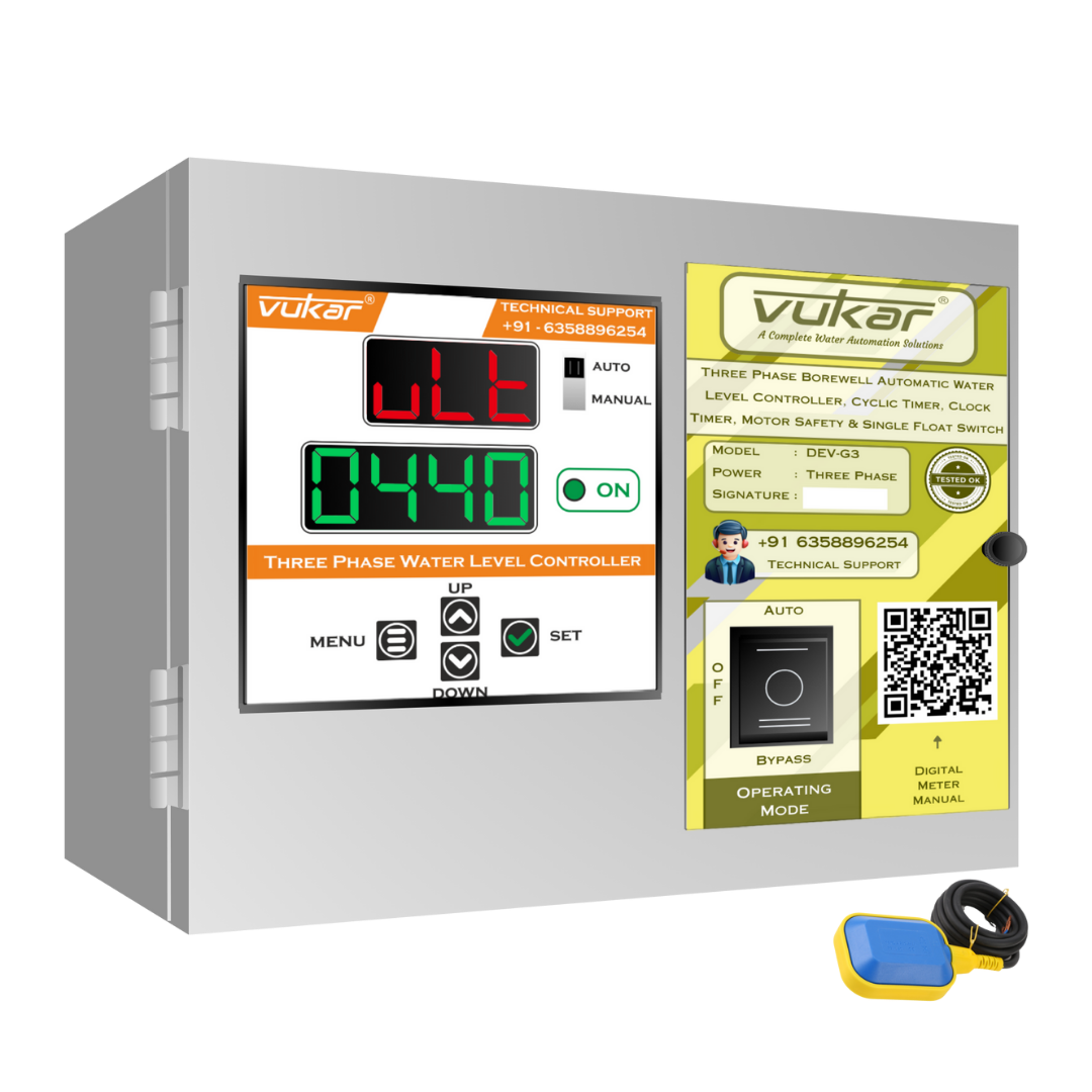 Three Phase Borewell Automatic Water Level Controller, Cyclic Timer, Clock Timer, Motor Safety & Single Float Switch (DEV-G3)