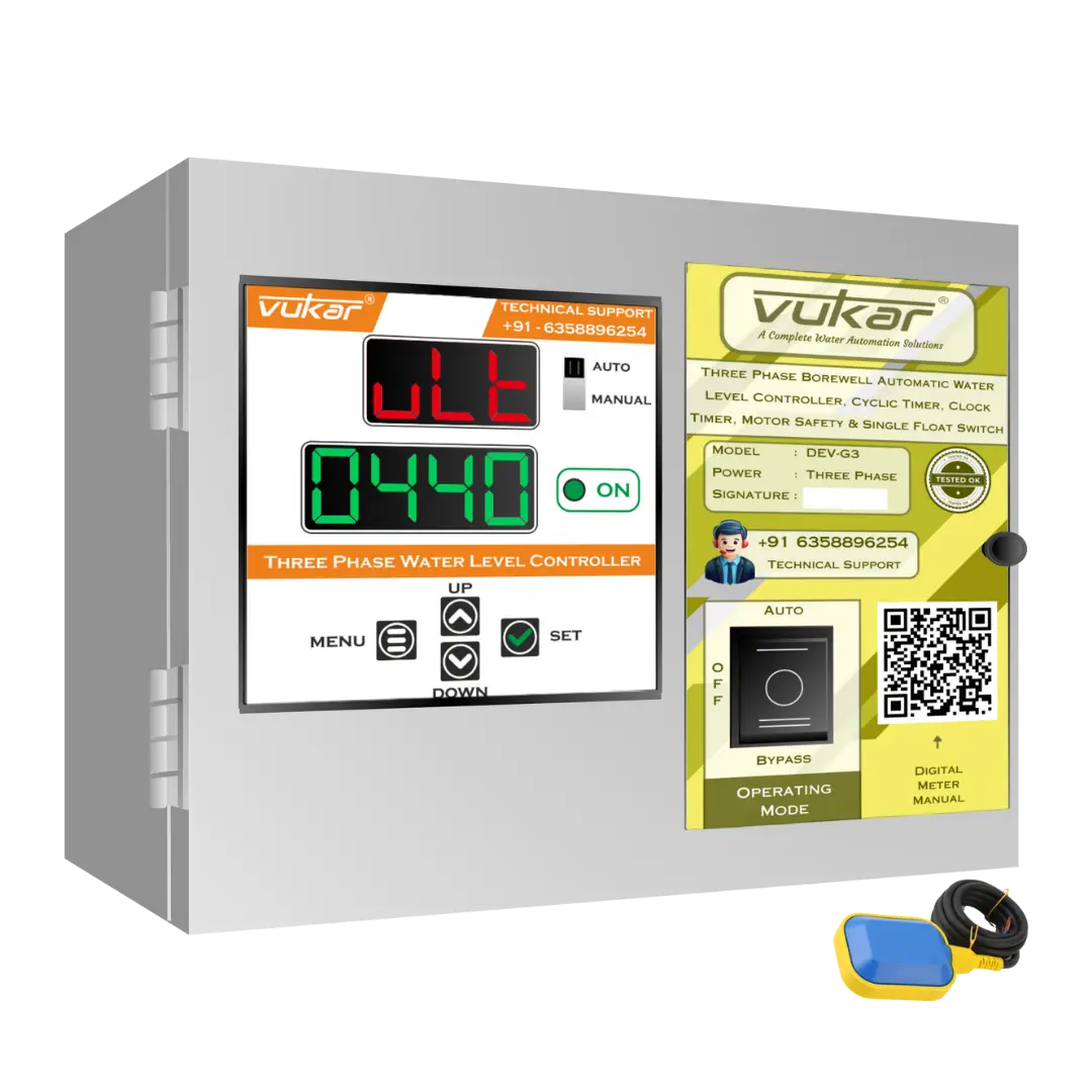 Three Phase Borewell Automatic Water Level Controller, Cyclic Timer, Clock Timer, Motor Safety & Single Float Switch (DEV-G3) VUKAR