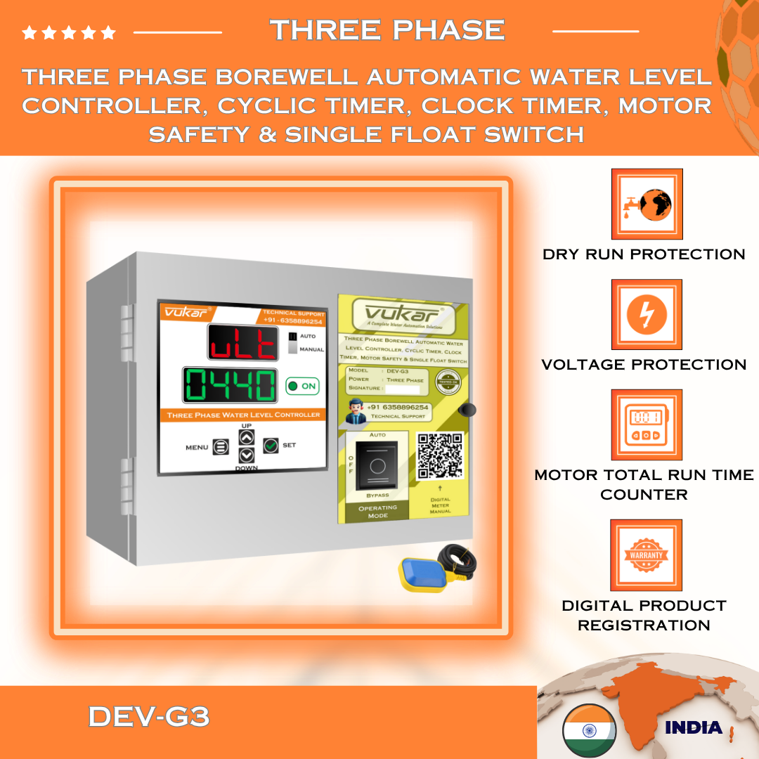 Three Phase Borewell Automatic Water Level Controller, Cyclic Timer, Clock Timer, Motor Safety & Single Float Switch (DEV-G3)