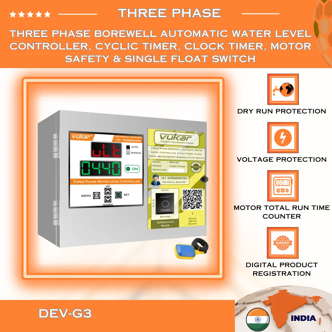 Three Phase Borewell Automatic Water Level Controller, Cyclic Timer, Clock Timer, Motor Safety & Single Float Switch (DEV-G3) VUKAR