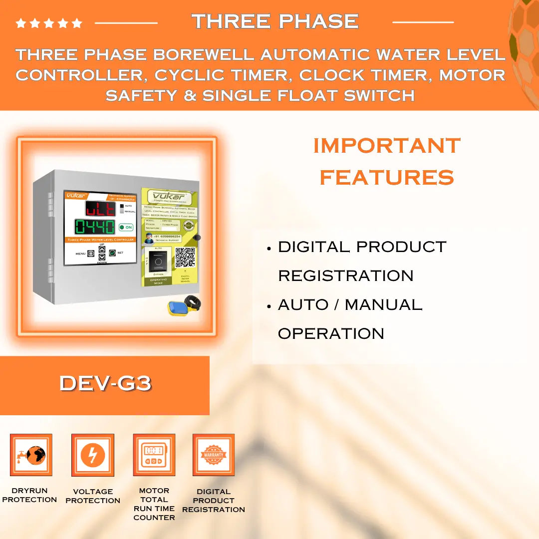 Three Phase Borewell Automatic Water Level Controller, Cyclic Timer, Clock Timer, Motor Safety & Single Float Switch (DEV-G3) VUKAR