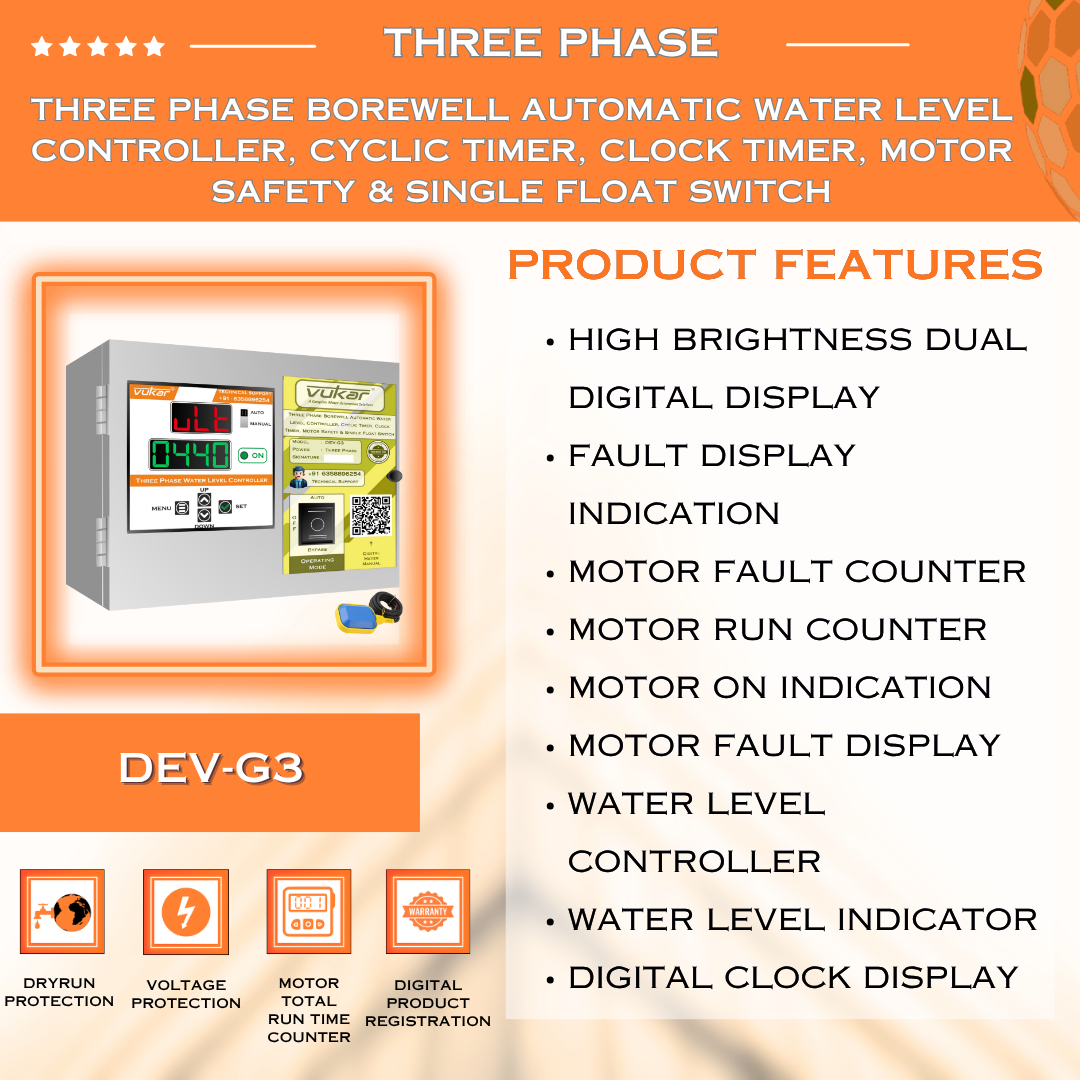 Three Phase Borewell Automatic Water Level Controller, Cyclic Timer, Clock Timer, Motor Safety & Single Float Switch (DEV-G3)