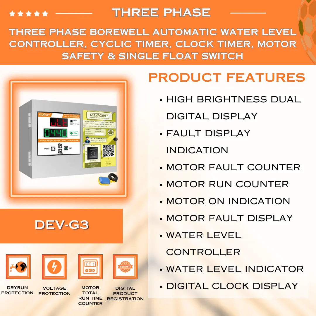 Three Phase Borewell Automatic Water Level Controller, Cyclic Timer, Clock Timer, Motor Safety & Single Float Switch (DEV-G3) VUKAR
